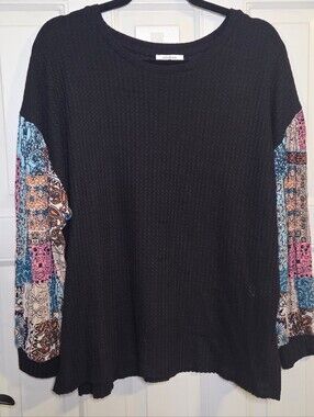 Umgee - Black Waffle Knit Top with Multicolor Patchwork Sleeves